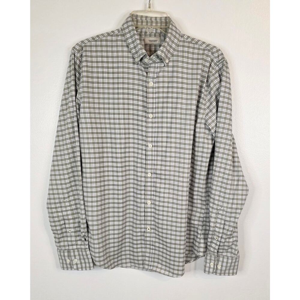 Savannah Long Sleeve Button Up Shirt Men's Size M Green White Plaid Collared
